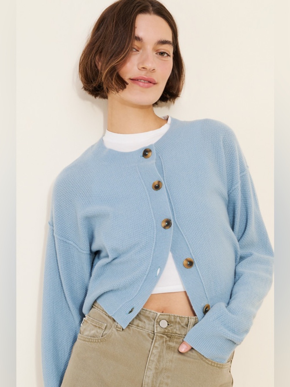 Small free people Lila cashmere cardigan sweater button down waffle light blue